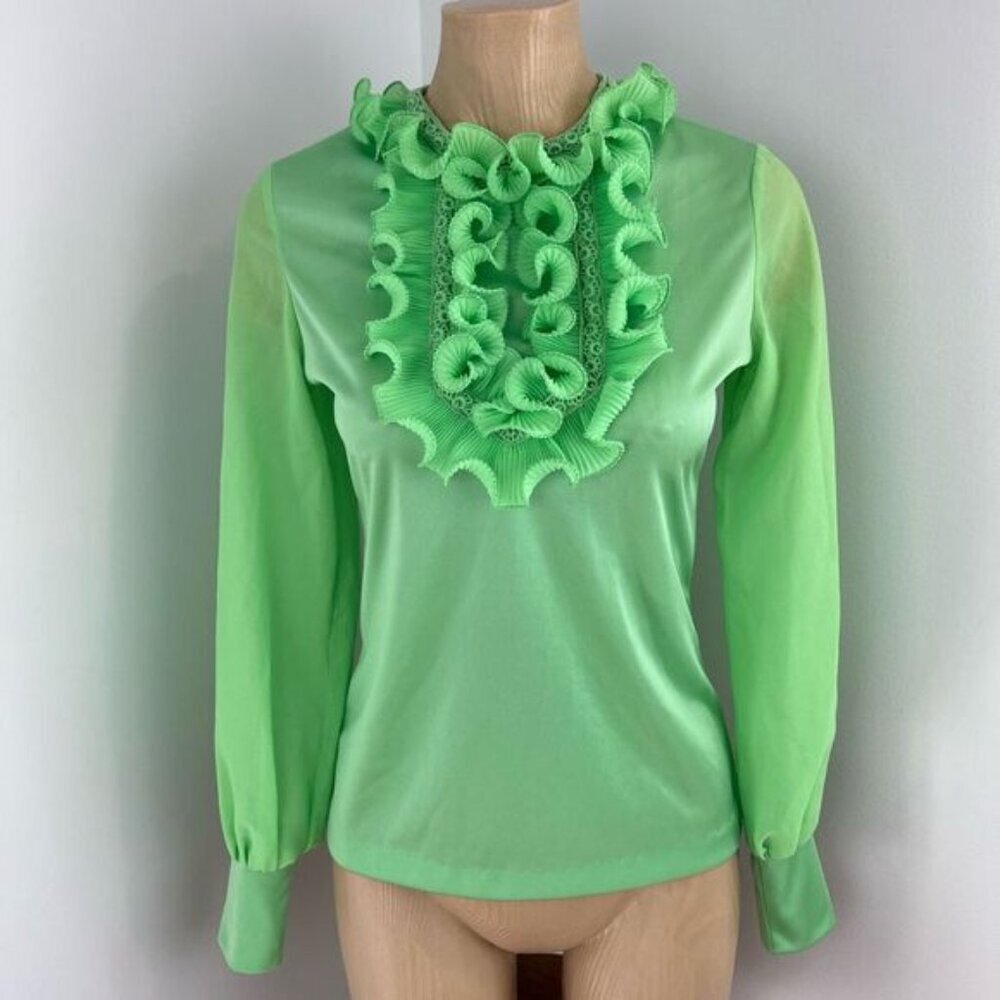 Vintage Young Con tempo’s Women's XS S Green Regal Ruffled Blouse Shirt Frill - Picture 14 of 16
